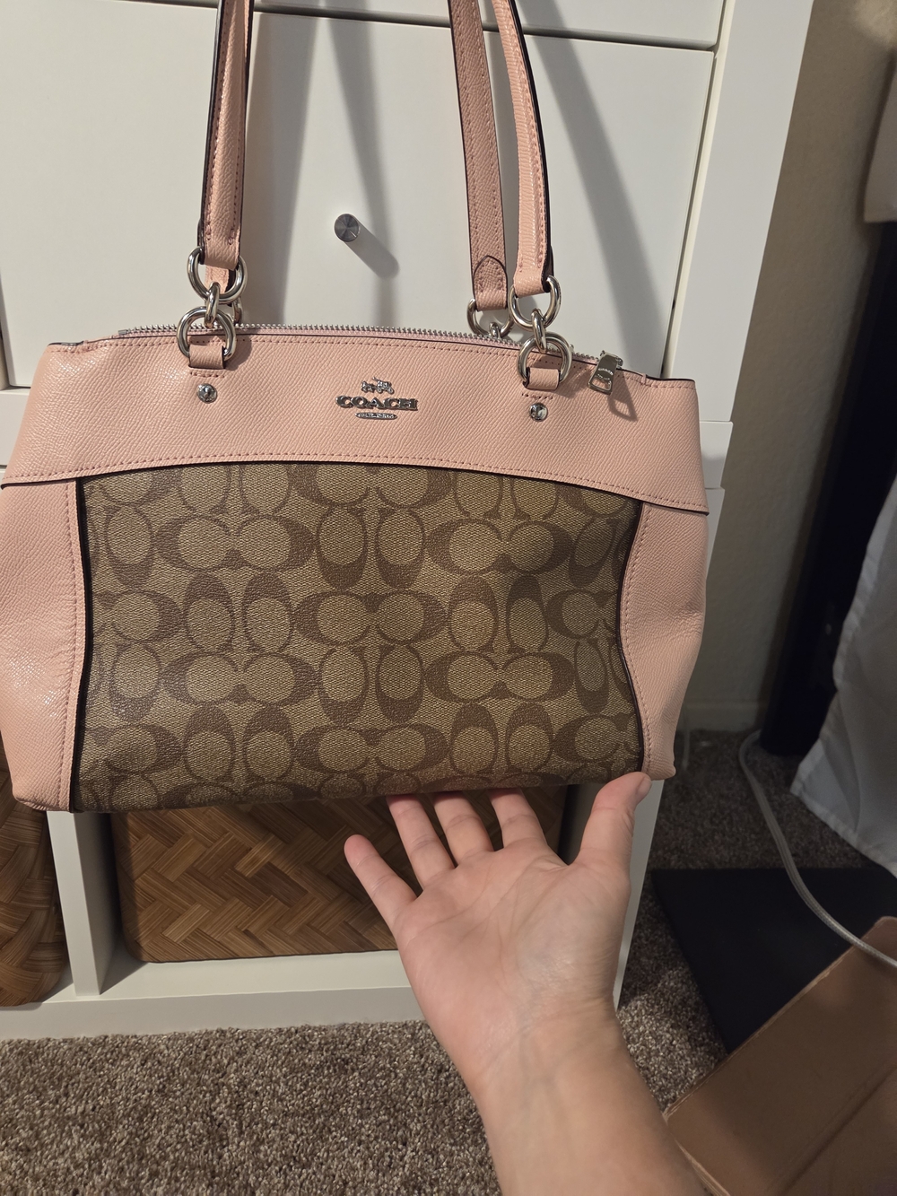 Coach Brown Signature Canvas Shoulder Bag with Pink Trim